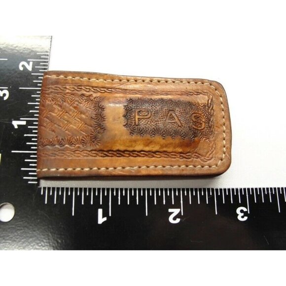 Leather Money Clip Textured Monogrammed "P.A.S." Credit Card Cash ID Holder - Picture 6 of 11